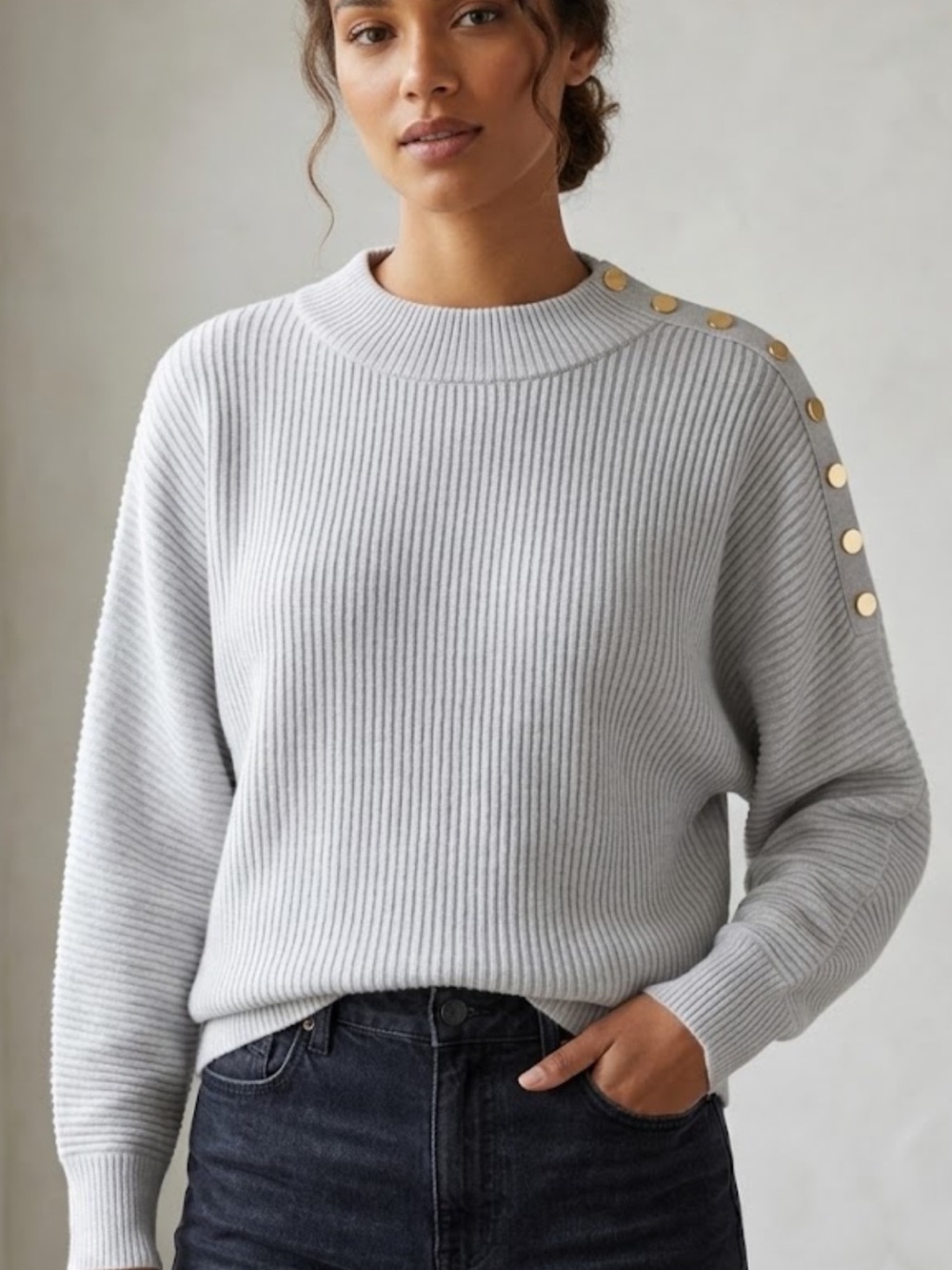 Tahari Light Gray Ribbed Crewneck Viscose Blend with Gold Shoulder Buttons